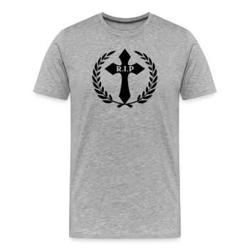 Kreuz im Lorbeerkranz RIP - Männer Premium Bio T-Shirt - Grau meliert - Vorne - Damien (186cm)