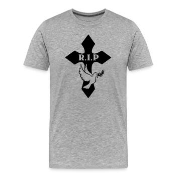 Croix avec pigeon et texte R.I.P - T-shirt bio Premium Homme - gris chiné - Devant - Damien (186cm)