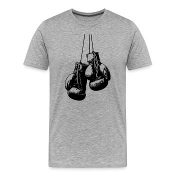 Schwarze Boxhandschuhe die an den Schnüren hängen - Männer Premium Bio T-Shirt - Grau meliert - Vorne - Damien (186cm)