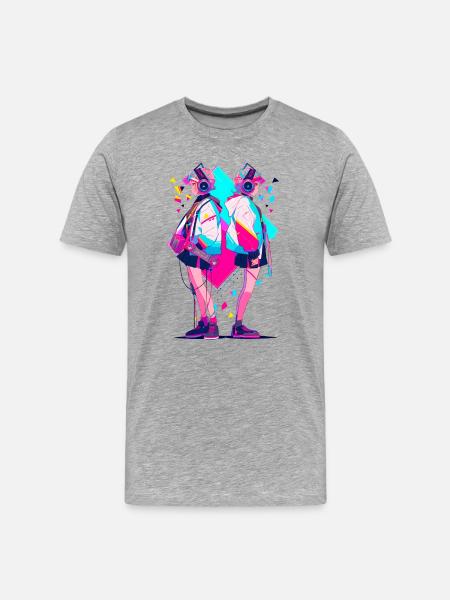 Anime Aesthetics Headphones Twins - Männer Premium Bio T-Shirt - Grau meliert
