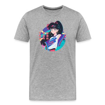 Anime Girl mit 80er Windbreaker, Anime Aesthetics - Männer Premium Bio T-Shirt - Grau meliert - Vorne - Damien (186cm)