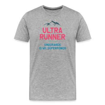 Ultra Runner - L’endurance est mon superpouvoir - T-shirt bio Premium Homme - gris chiné - Devant - Damien (186cm)