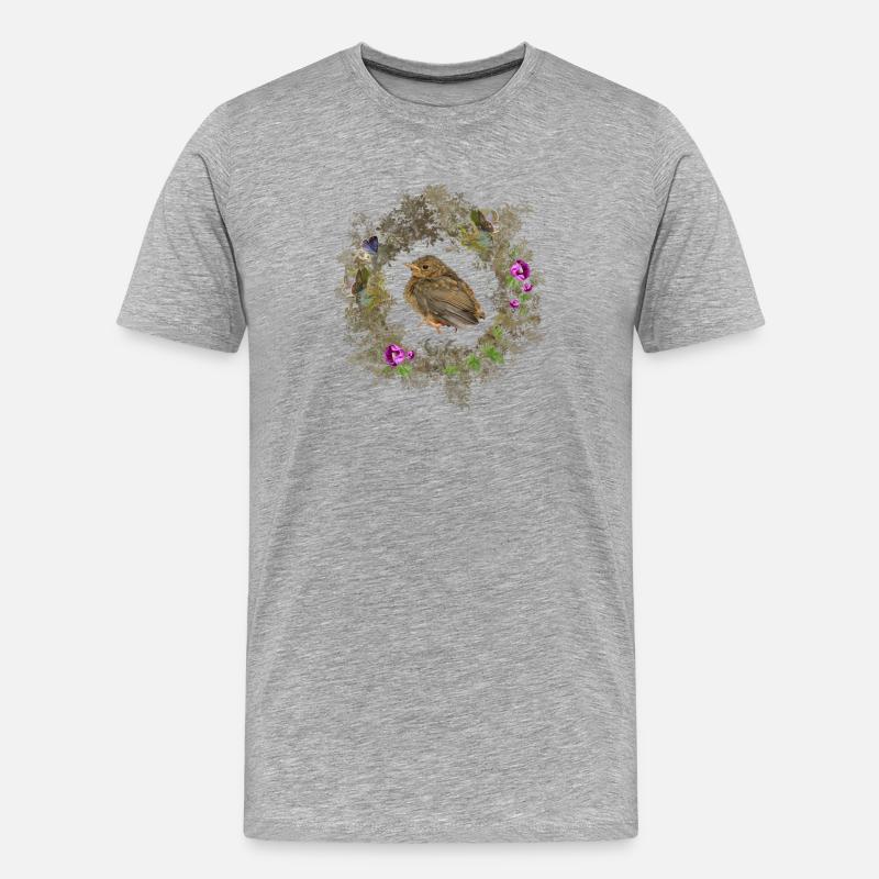 Rotkehlchen mit zarten Blüten und Bläulingen - Männer Premium Bio T-Shirt - Grau meliert