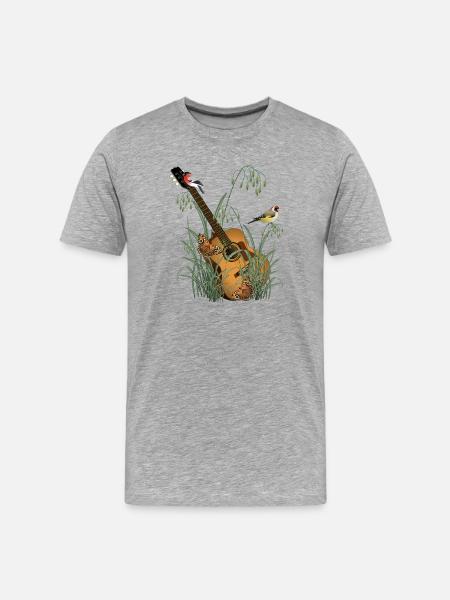 Guitare dans l’herbe avec des oiseaux - T-shirt bio Premium Homme - gris chiné