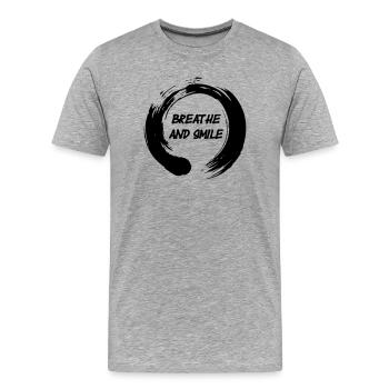 Enso zen circle with text 'breath and laugh' - Men's Premium Organic T-Shirt - heather grey - Front - Damien (186cm)