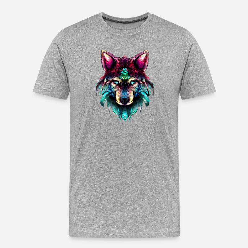Mystischer Wolf Synthwave Wolfskopf - Männer Premium Bio T-Shirt - Grau meliert