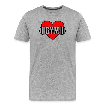 Hantel im roten Herz mit Text 'GYM' - Männer Premium Bio T-Shirt - Grau meliert - Vorne - Damien (186cm)