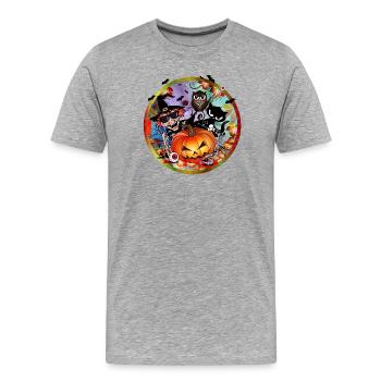 Citrouille d’Halloween avec sorcière, chat, chauve-souris et hibou - T-shirt bio Premium Homme - gris chiné - Devant - Damien (186cm)