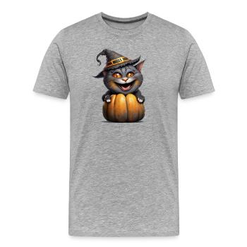 Chat d’Halloween - T-shirt bio Premium Homme - gris chiné - Devant - Damien (186cm)