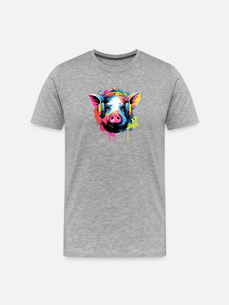 Cochon avec écouteurs Animaux Cochons - T-shirt bio Premium Homme - gris chiné