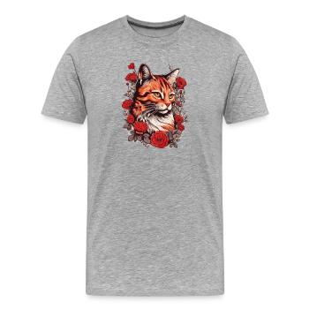 Tigerkatze mit Rosenrahmen, Katze Rot süß Rosen - Männer Premium Bio T-Shirt - Grau meliert - Vorne - Damien (186cm)