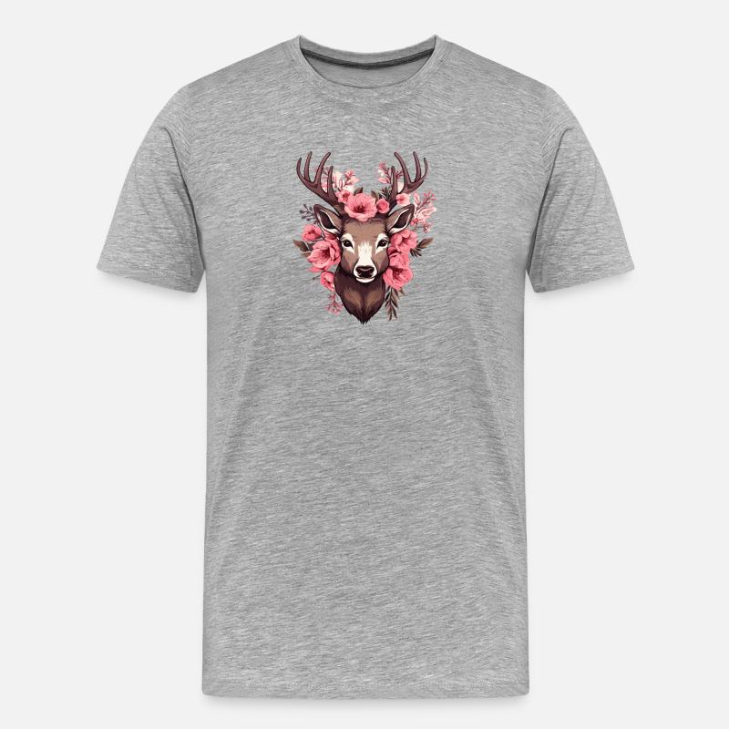 Reh Hirsch mit Blumen Trachten Rehkopf Hirschkopf - Männer Premium Bio T-Shirt - Grau meliert