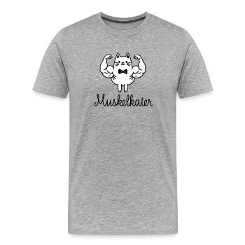 Muskelkater Lustiger Wortwitz Katzen Illustration - Männer Premium Bio T-Shirt - Grau meliert - Vorne - Damien (186cm)