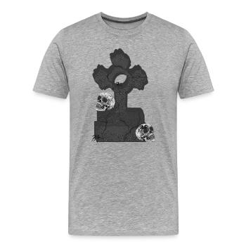 Grabstein mit Schädelmotiv, Gothickreuz - Männer Premium Bio T-Shirt - Grau meliert - Vorne - Damien (186cm)
