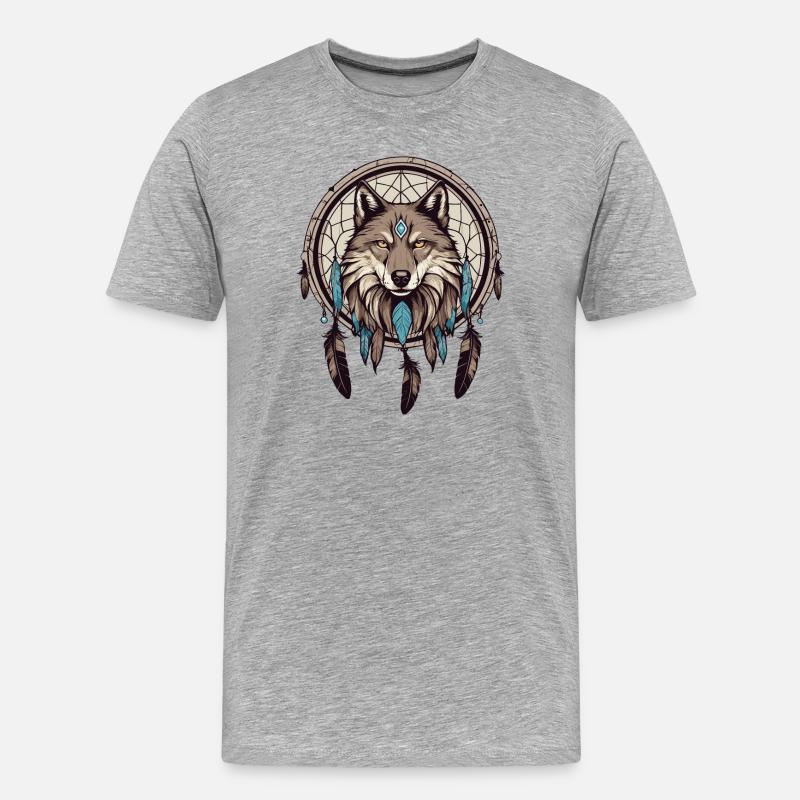 Traumfänger mit Wolf - Männer Premium Bio T-Shirt - Grau meliert