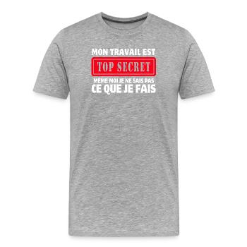 travail, travail humour, top secret - T-shirt bio Premium Homme - gris chiné - Devant - Damien (186cm)