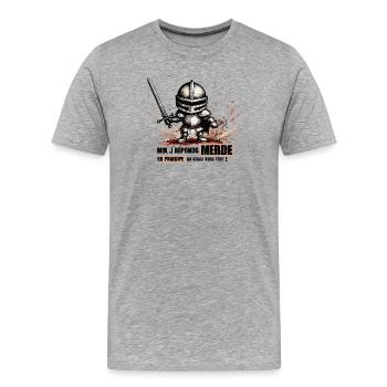 Moi je réponds merde, ça colle avec tout ! humour - T-shirt bio Premium Homme - gris chiné - Devant - Damien (186cm)