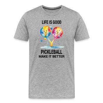 La vie est belle. Le pickleball l’améliore - T-shirt bio Premium Homme - gris chiné - Devant - Damien (186cm)