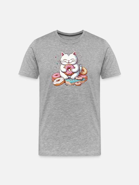 Katze frisst Donuts, Feinschmecker-Katzenhumor - Männer Premium Bio T-Shirt - Grau meliert