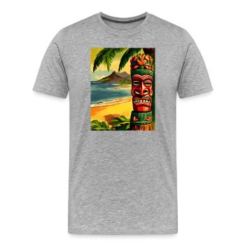 Masque Tiki sur la plage tropicale coucher de soleil - T-shirt bio Premium Homme - gris chiné - Devant - Damien (186cm)
