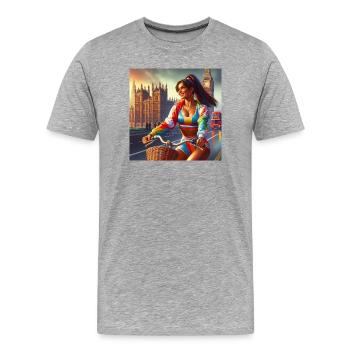 Fille vintage sur un vélo par Big Ben à Londres - T-shirt bio Premium Homme - gris chiné - Devant - Damien (186cm)