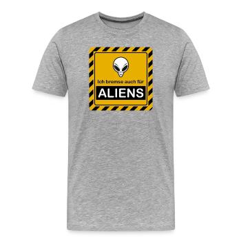 Warnzeichen "Ich bremse auch für Aliens" - Männer Premium Bio T-Shirt - Grau meliert - Vorne - Damien (186cm)