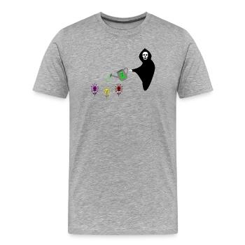 Faucheuse arrosant le jardin de Skull Flowers - T-shirt bio Premium Homme - gris chiné - Devant - Damien (186cm)