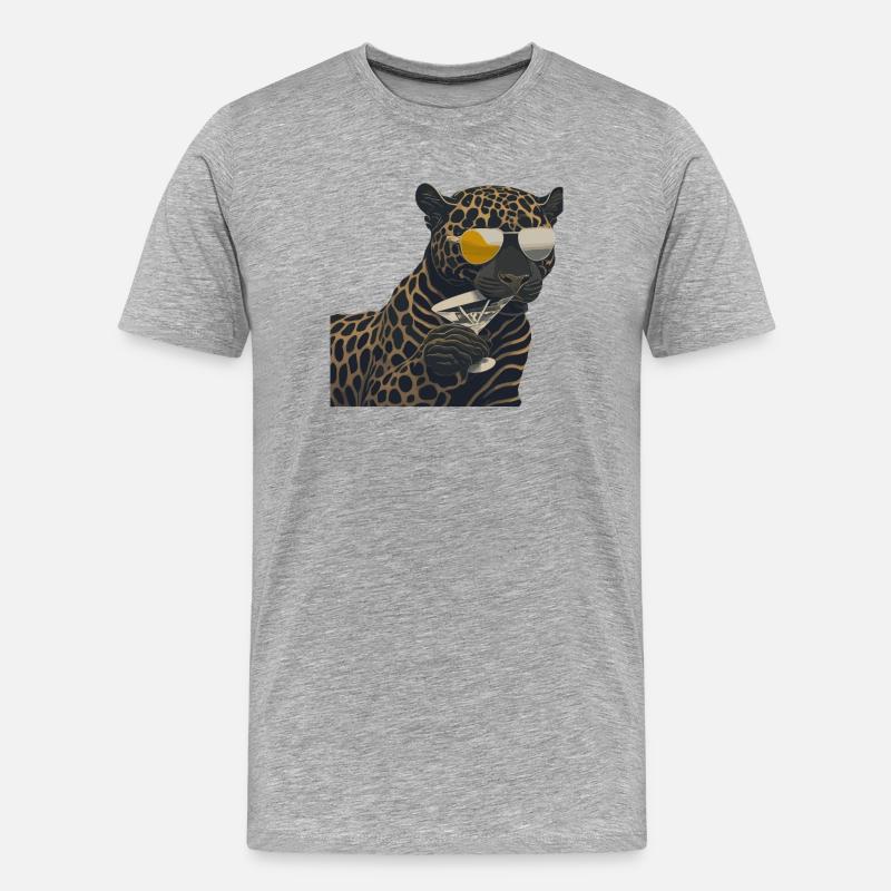 Cooler Leopard mit Sonnenbrille und Glas - Männer Premium Bio T-Shirt - Grau meliert