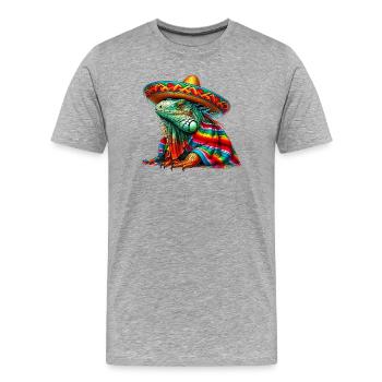 Iguane mexicain avec poncho et sombrero Mexique - T-shirt bio Premium Homme - gris chiné - Devant - Damien (186cm)