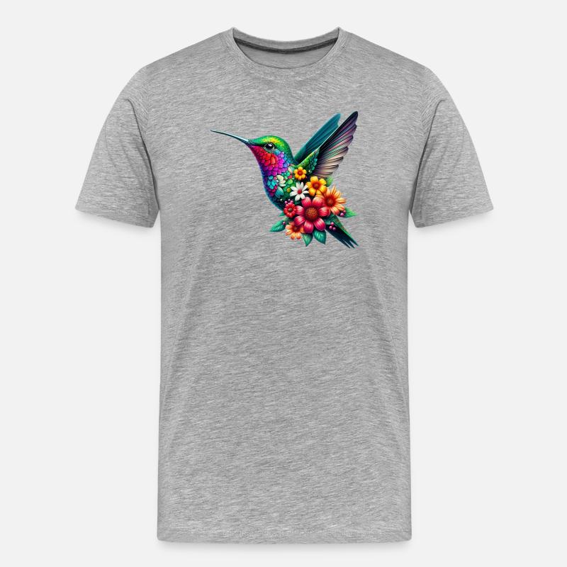 Kolibri mit Blumen geschmückt - Männer Premium Bio T-Shirt - Grau meliert