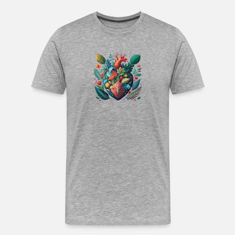 Regenbogen Botanisches Herz - Männer Premium Bio T-Shirt - Grau meliert