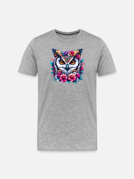 Eule mit Blumen geschmückt - Männer Premium Bio T-Shirt - Grau meliert