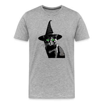 Chat Yeux Verts Chapeau Sorcière Walpurgis Nuit - T-shirt bio Premium Homme - gris chiné - Devant - Damien (186cm)
