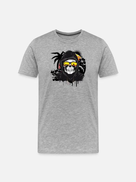 Schädel,Skull,Totenkopf mit Sonnenbrille am Strand - Männer Premium Bio T-Shirt - Grau meliert