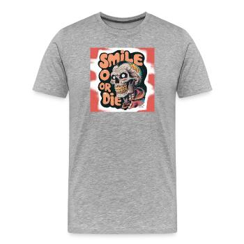 Squelette chauve avec texte souriant - T-shirt bio Premium Homme - gris chiné - Devant - Damien (186cm)