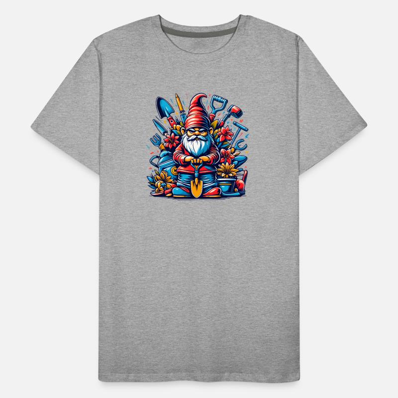 Colorful, grim garden gnome with flowers & tools Men's Premium Organic T-Shirt