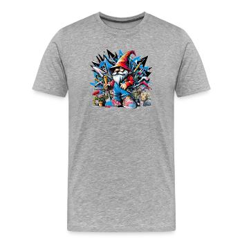 Nain de jardin coloré et vivant entouré d’outils - T-shirt bio Premium Homme - gris chiné - Devant - Damien (186cm)