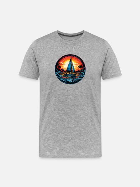 Sonnenuntergangs-Segelboot Neon - Männer Premium Bio T-Shirt - Grau meliert
