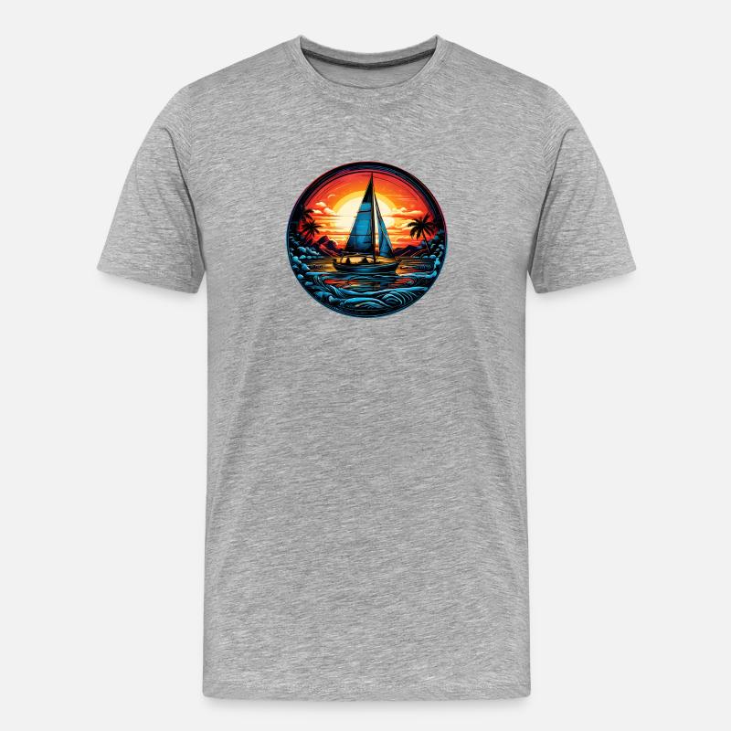 Sonnenuntergangs-Segelboot Neon - Männer Premium Bio T-Shirt - Grau meliert