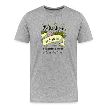 Citation illustrée : l'attention - T-shirt bio Premium Homme - gris chiné - Devant - Damien (186cm)