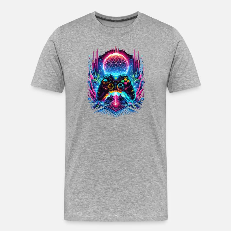 Synthwave Cyberpunk Gaming Controller - Männer Premium Bio T-Shirt - Grau meliert