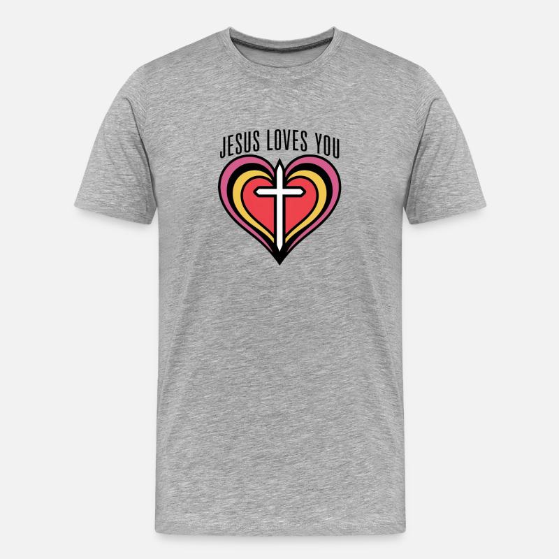 Herz mit Kreuz und Liebesbotschaft - Männer Premium Bio T-Shirt - Grau meliert