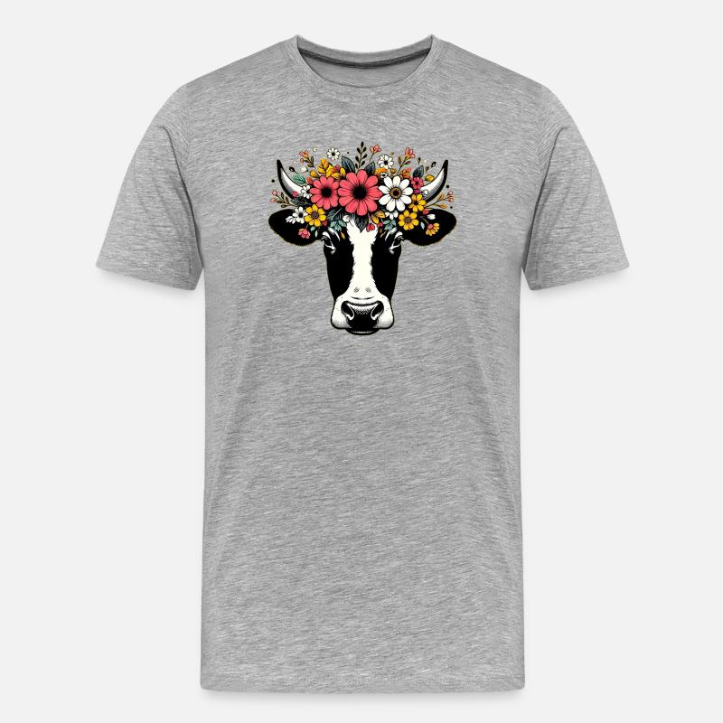 Kuh mit Blumen - Männer Premium Bio T-Shirt - Grau meliert