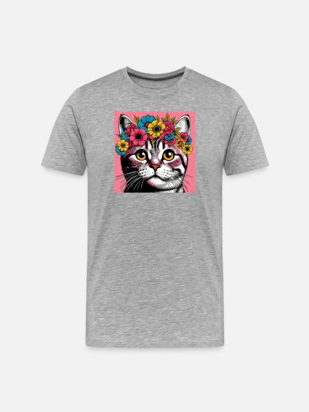 Chat avec des fleurs - T-shirt bio Premium Homme - gris chiné