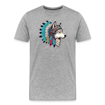 Loup amérindien Peaux-rouges d’Amérique - T-shirt bio Premium Homme - gris chiné - Devant - Damien (186cm)