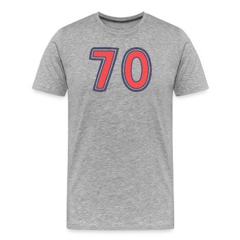 70. 70 ANS. 70e ANNIVERSAIRE. ANNIVERSAIRE 70 ANS. - T-shirt bio Premium Homme - gris chiné - Devant - Damien (186cm)
