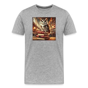 Geheimnisvolle Eule auf Bücherstapel - Männer Premium Bio T-Shirt - Grau meliert - Vorne - Damien (186cm)