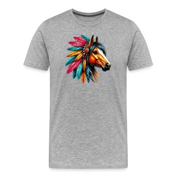 Cheval amérindien Redskin d’Amérique - T-shirt bio Premium Homme - gris chiné - Devant - Damien (186cm)