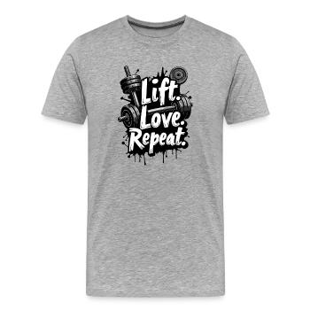 Heben, lieben, wiederholen! Zitat aus dem Fitnessstudio - Männer Premium Bio T-Shirt - Grau meliert - Vorne - Damien (186cm)