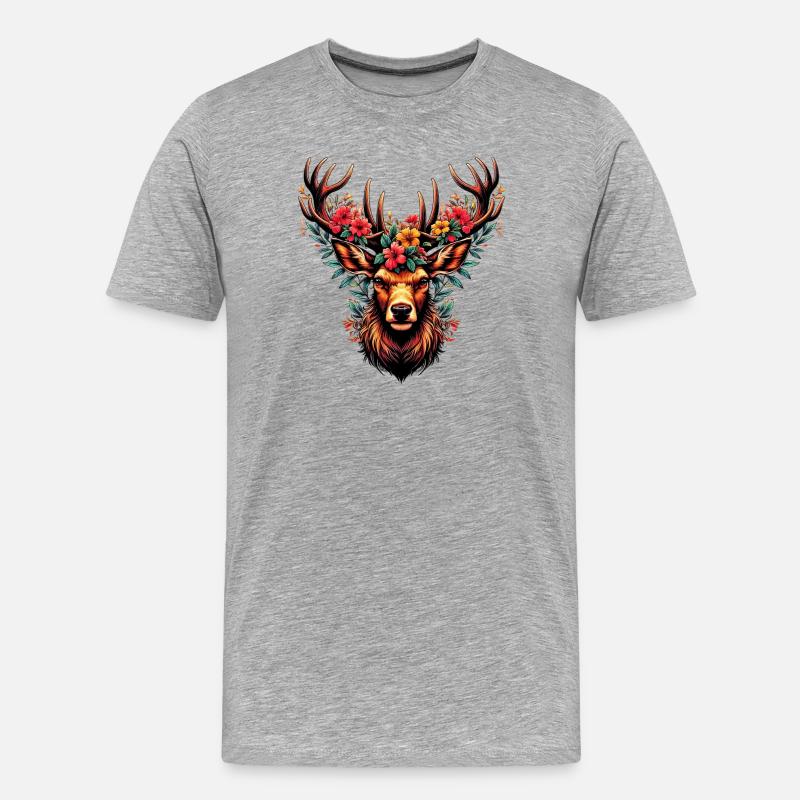 Hirsch mit Blumen - Männer Premium Bio T-Shirt - Grau meliert